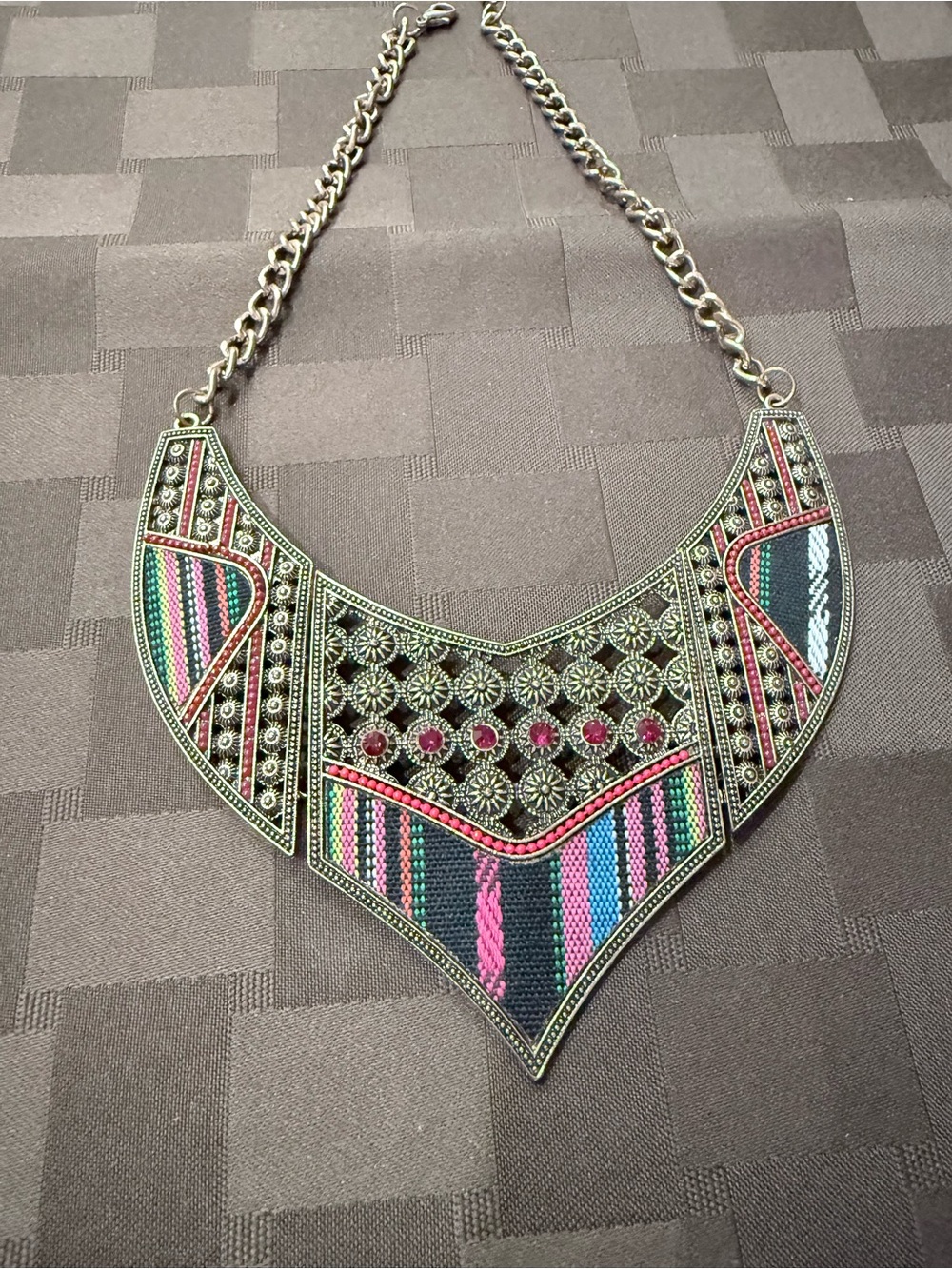 Colorful Boho Bib Necklace with Pink and Green Accents
